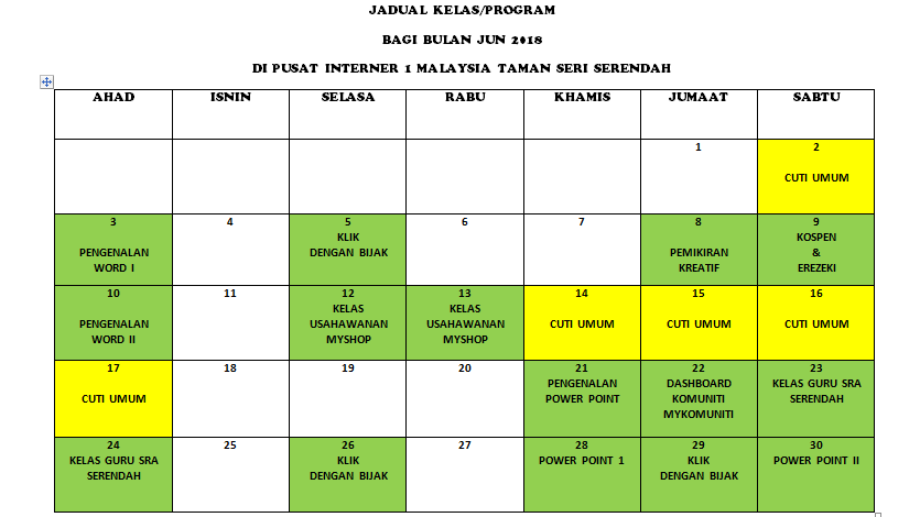 JADUAL KELAS JUN