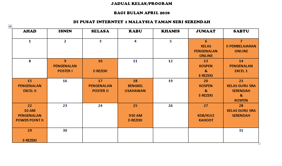 JADUAL KELAS APRIL