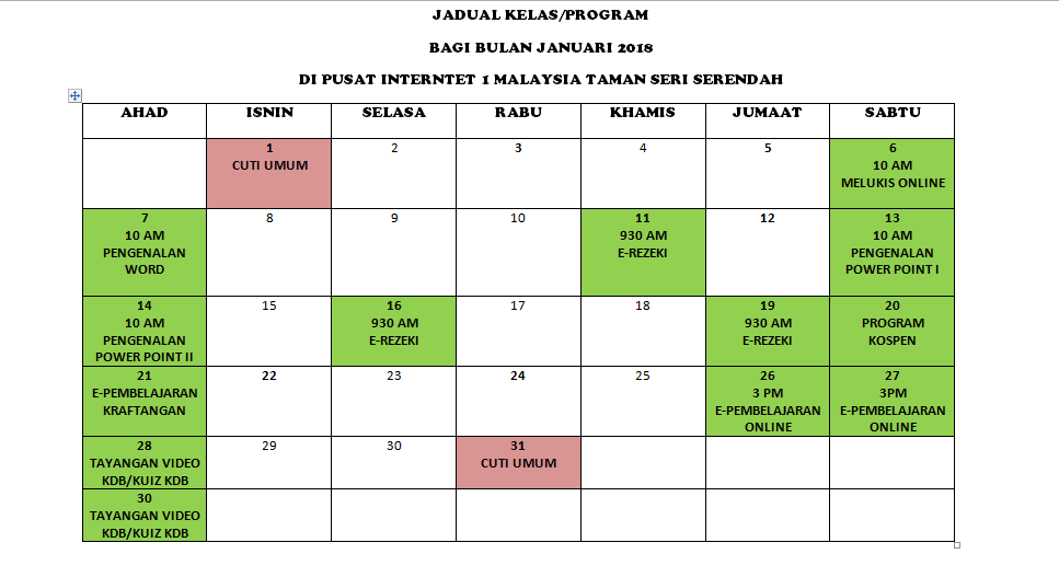 JADUAL KELAS JANUARI