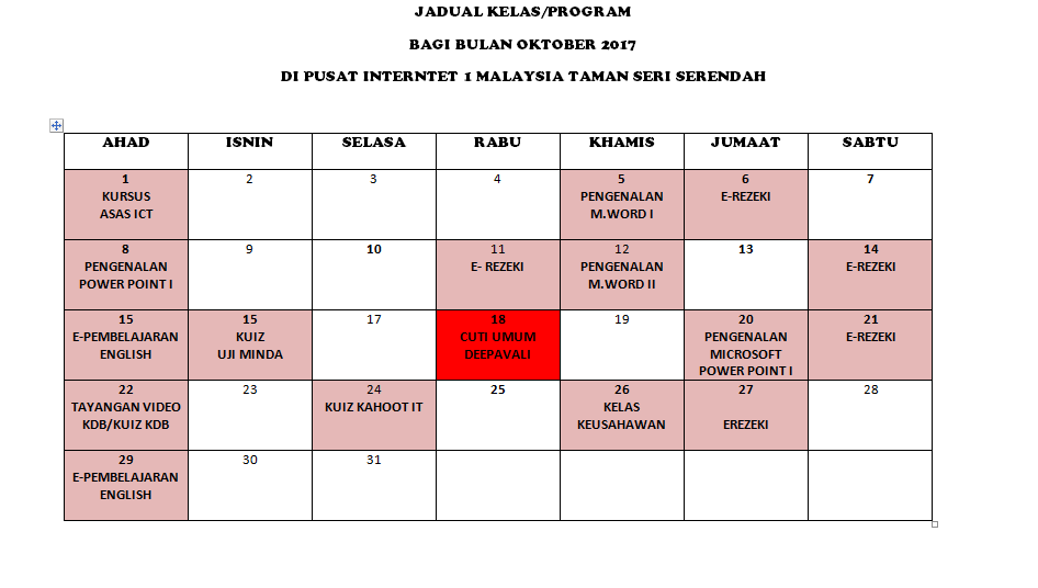 JADUAL BULAN OKT