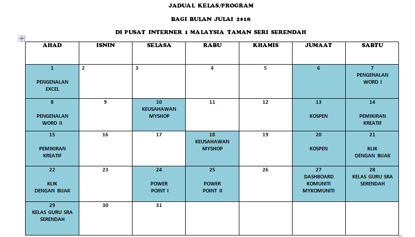 JADUAL KELAS JULAI