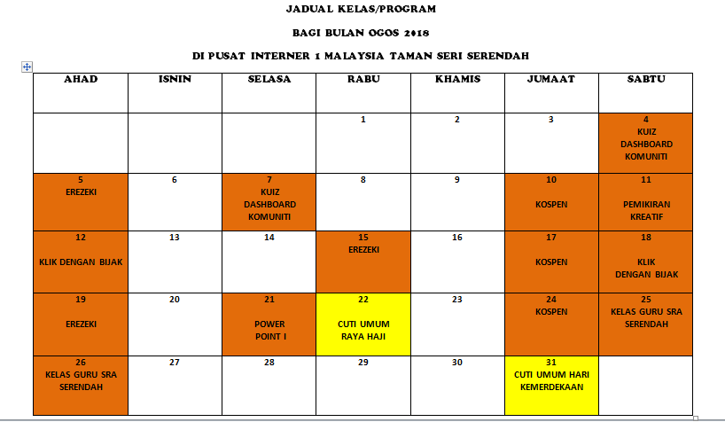 JADUAL KELAS OGOS