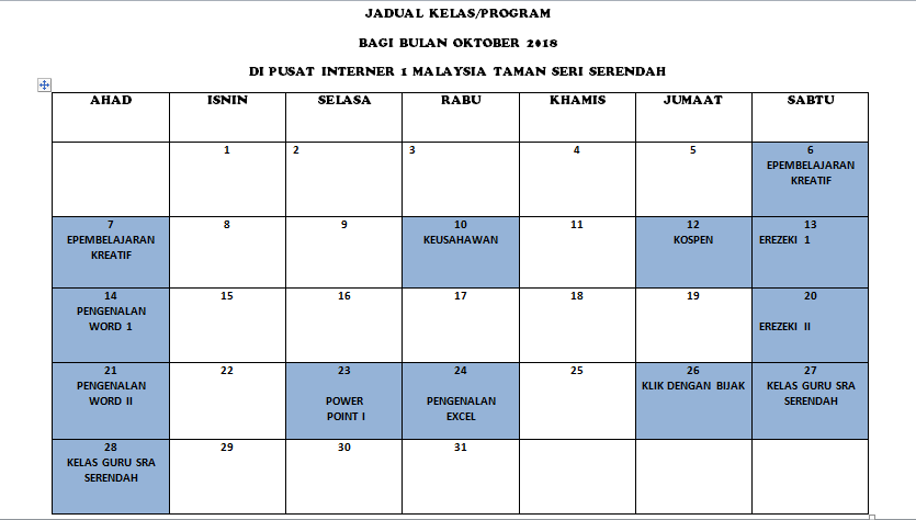 JADUAL KELAS OKTOBER