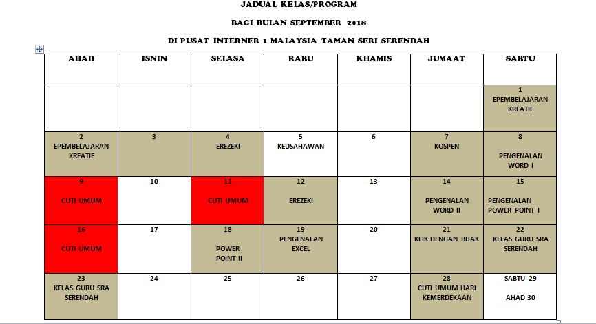 JADUAL KELAS SEPTEMBER